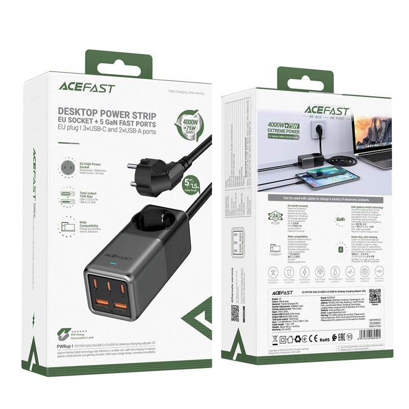 Acefast Z2 GaN 75W PD stacionarus įkroviklis 3x USB-C + 2x USB-A – juodai pilkas 4 Acefast Z2 GaN 75W PD stacionarus įkroviklis 3x USB-C + 2x USB-A – juodai pilkas 4