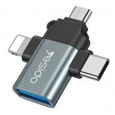 [Užsakomoji prekė] Adapteris OTG USB 3.0 la Lightning, Micro-USB, Type-C 480Mbps - Yesido (GS15) - Juodas