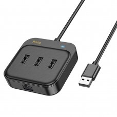 [Užsakomoji prekė] Adapteris USB į 3x USB3.0 + RJ45, 1.2m - Hoco Easy Link (HB35) - Juodas