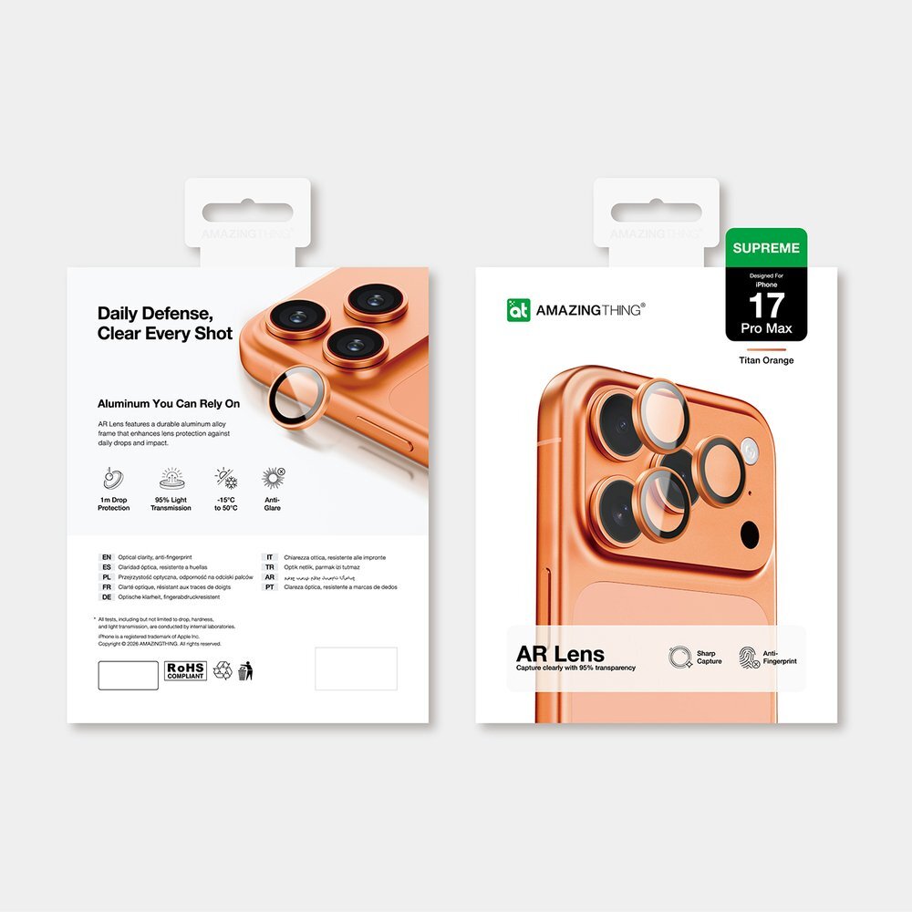 iPhone 17 Pro / Pro Max AmazingThing Camera Glass Protector kameros apsauginis stiklas su oranžiniu rėmeliu 3 iPhone 17 Pro / Pro Max AmazingThing Camera Glass Protector kameros apsauginis stiklas su oranžiniu rėmeliu 3