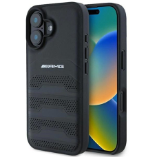 iPhone 16 – AMG Leather Debossed Lines Black Logo dėklas - Juodas