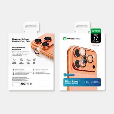iPhone 17 Pro / Pro Max AmazingThing AR Sapphire kameros apsauginis stiklas su oranžiniu rėmeliu 4 iPhone 17 Pro / Pro Max AmazingThing AR Sapphire kameros apsauginis stiklas su oranžiniu rėmeliu 4