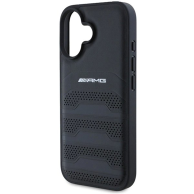 iPhone 16 – AMG Leather Debossed Lines Black Logo dėklas - Juodas 5