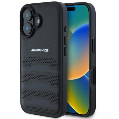 iPhone 16 – AMG Leather Debossed Lines Black Logo dėklas - Juodas