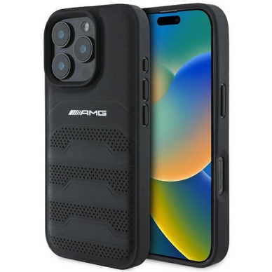 iPhone 16 Pro – AMG Leather Debossed Lines Black Logo Case - Juodas