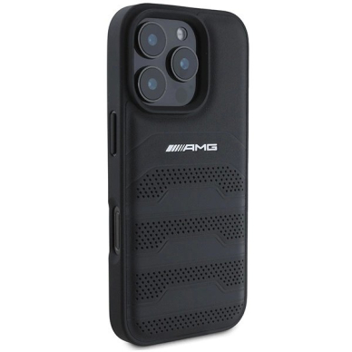 iPhone 16 Pro Max – AMG Leather Debossed Lines Black Logo dėklas - Juodas 3