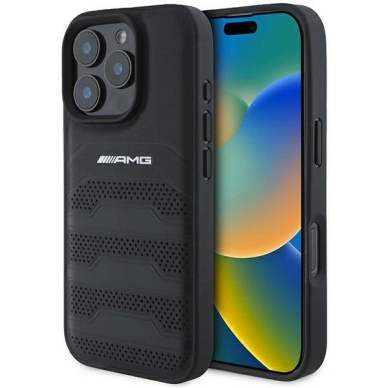 iPhone 16 Pro Max – AMG Leather Debossed Lines Black Logo dėklas - Juodas iPhone 16 Pro Max – AMG Leather Debossed Lines Black Logo dėklas - Juodas