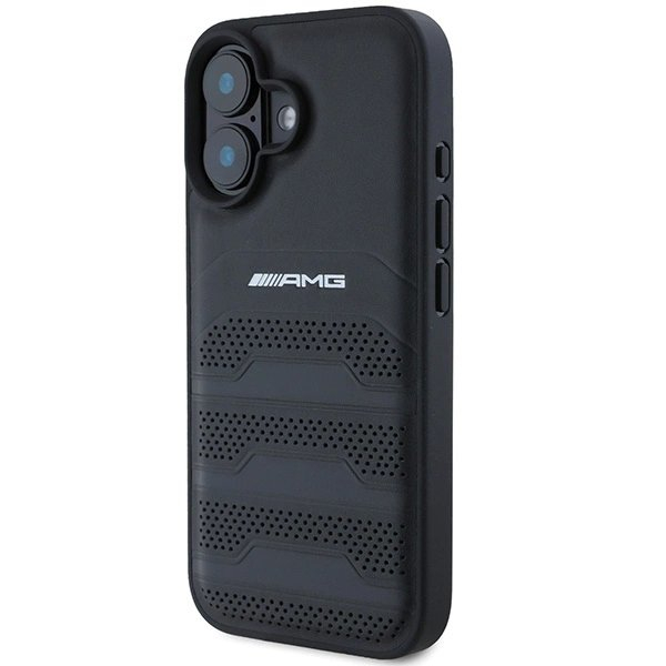 iPhone 16 – AMG Leather Debossed Lines Black Logo dėklas - Juodas 1