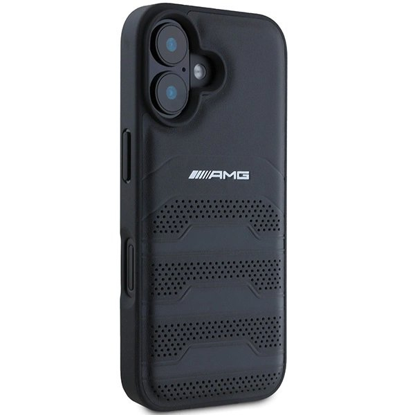 iPhone 16 – AMG Leather Debossed Lines Black Logo dėklas - Juodas 3