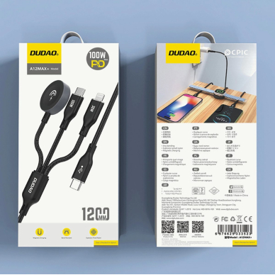 Apple Watch Dudao A12Max+ PD 100W 3in1 įkrovimo kabelis: USB-C – Lightning 1.2 m – juodas 1