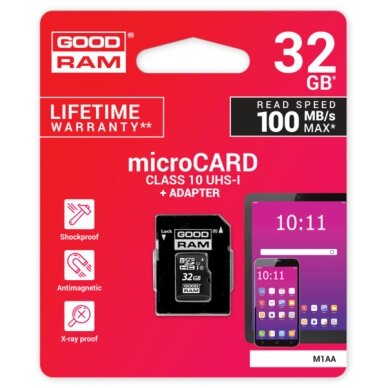 Atminties korta Goodram microSD 32Gb (class 10) + SD adapteris