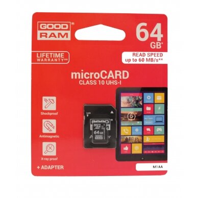 Atminties korta Goodram microSD 64Gb UHS I (class 10) + SD adapteris