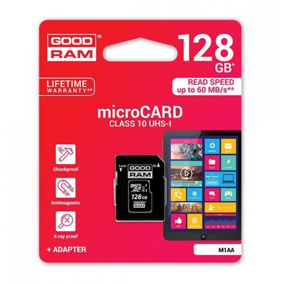 Atminties korta Goodram microSD 128Gb (class 10) + SD adapteris Atminties korta Goodram microSD 128Gb (class 10) + SD adapteris