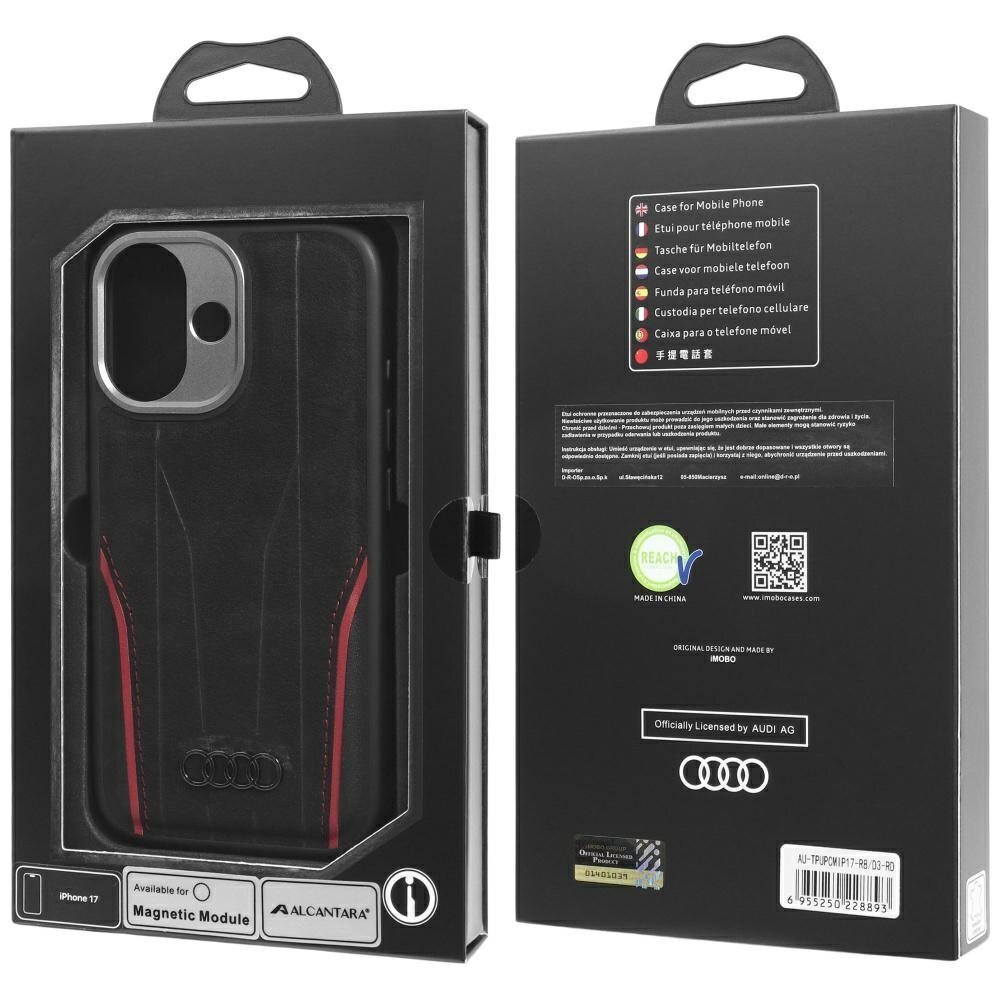 iPhone 17 dėklas Audi R8 Genuine Leather, MagSafe – juodai raudonas 9