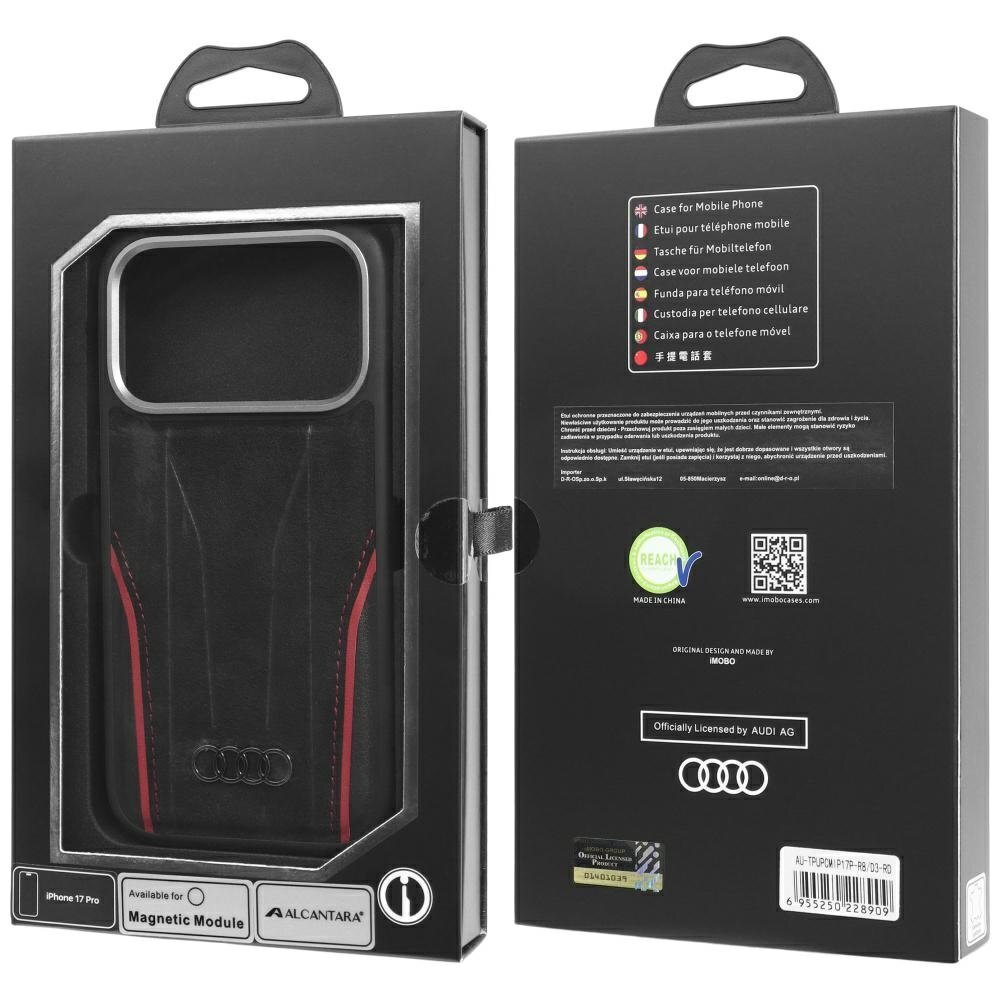 iPhone 17 Pro dėklas Audi R8 Genuine Leather, MagSafe – juodas ir raudonas 9