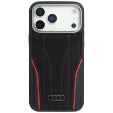iPhone 17 Pro dėklas Audi R8 Genuine Leather, MagSafe – juodas ir raudonas