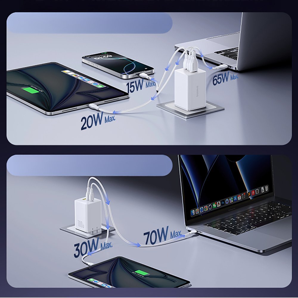 Sieninis įkroviklis Baseus EnerFill FE11 2 x USB-C / USB-A 100 W – baltas 4