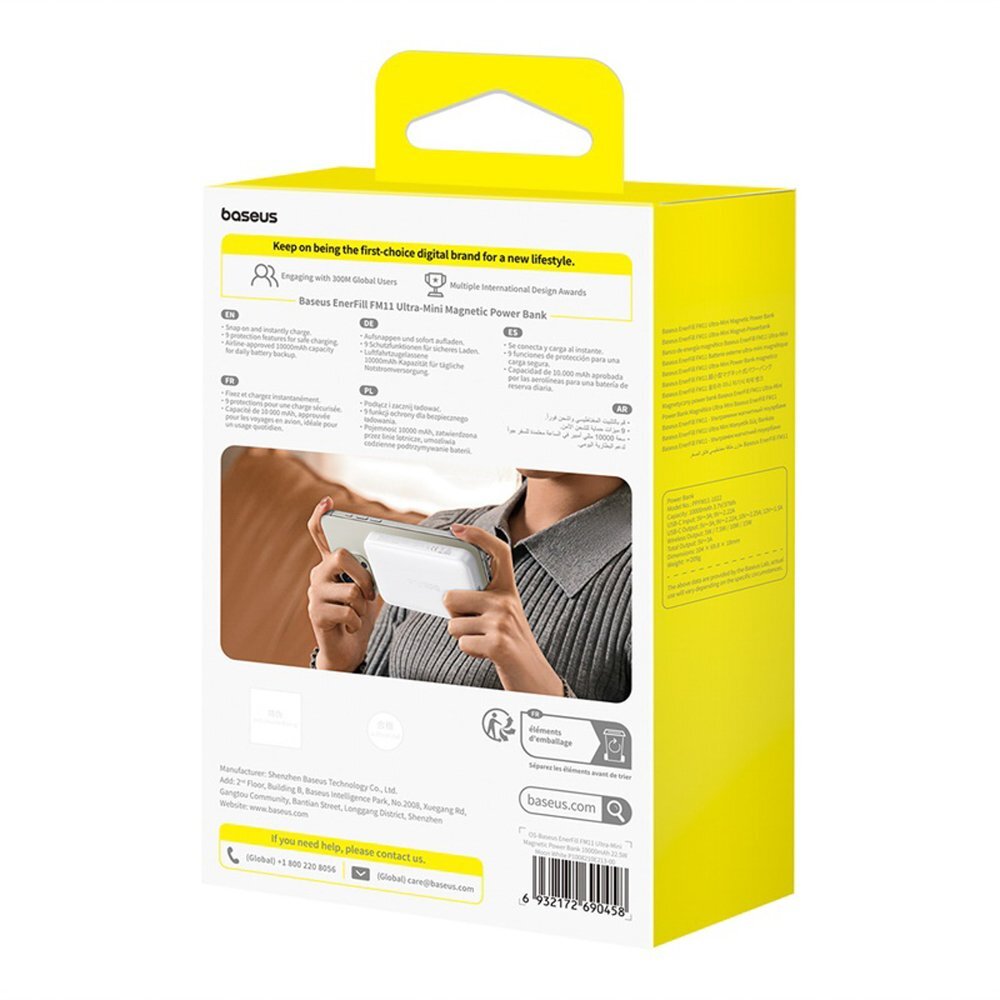 Išorinė baterija Baseus EnerFill FM11 Ultra-Mini 10000 mAh 22.5 W su MagSafe ir Baseus Simple USB-C 20 V/3 A 30 cm kabeliu – balta 6