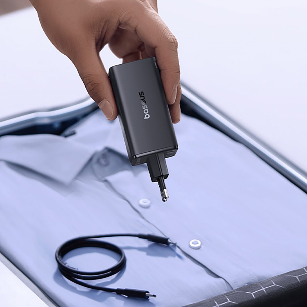 Sieninis įkroviklis Baseus GaN6 Pro 100 W 2 × USB-C + 2 × USB-A su juodu USB-C 100 W 1 m kabeliu – juodas 12