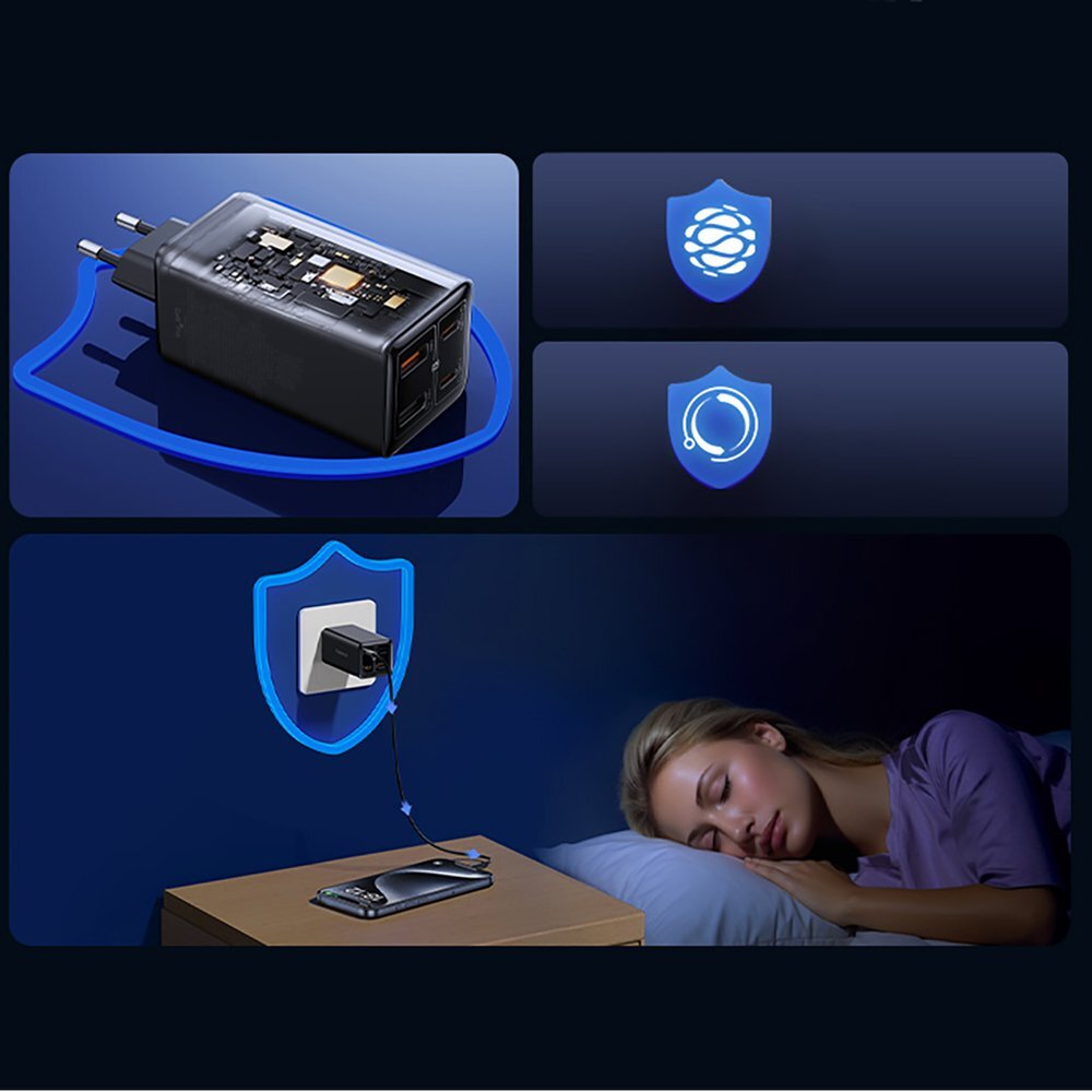 Sieninis įkroviklis Baseus GaN6 Pro 100 W 2 × USB-C + 2 × USB-A su juodu USB-C 100 W 1 m kabeliu – juodas 15