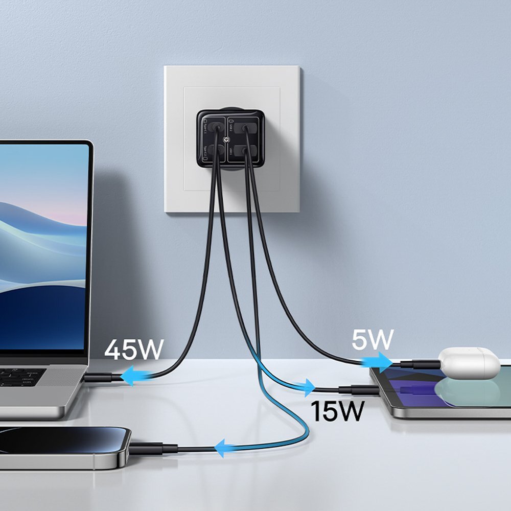 Sieninis įkroviklis Baseus GaN6 Pro 65 W 2 × USB-C + 2 × USB-A su juodu USB-C 100 W 1 m kabeliu – juodas 11