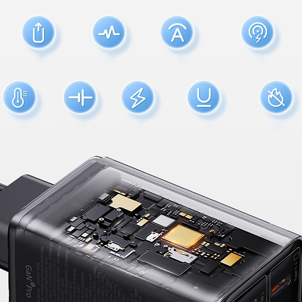 Sieninis įkroviklis Baseus GaN6 Pro 65 W 2 × USB-C + 2 × USB-A su juodu USB-C 100 W 1 m kabeliu – juodas 14
