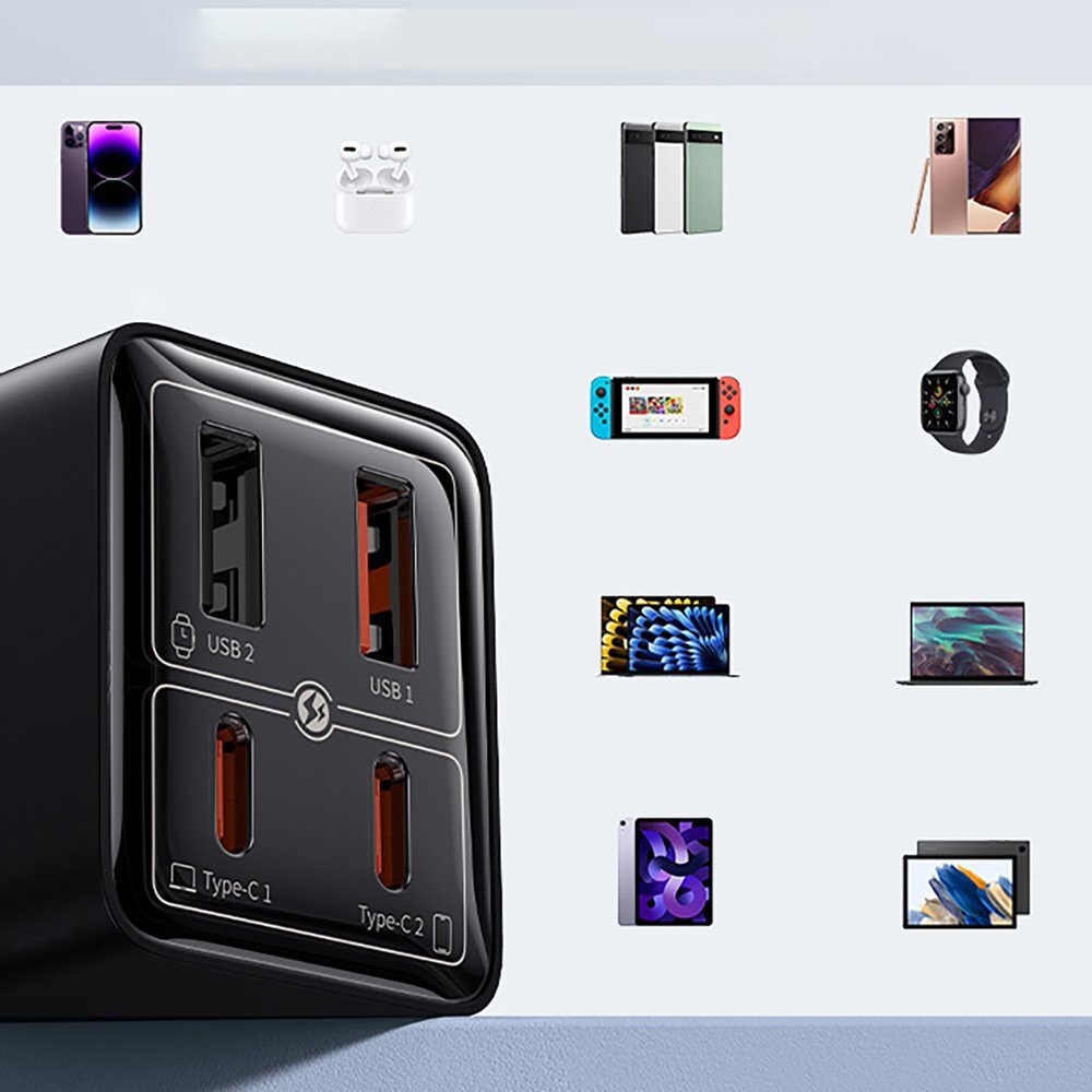 Sieninis įkroviklis Baseus GaN6 Pro 65 W 2 × USB-C + 2 × USB-A su juodu USB-C 100 W 1 m kabeliu – juodas 15