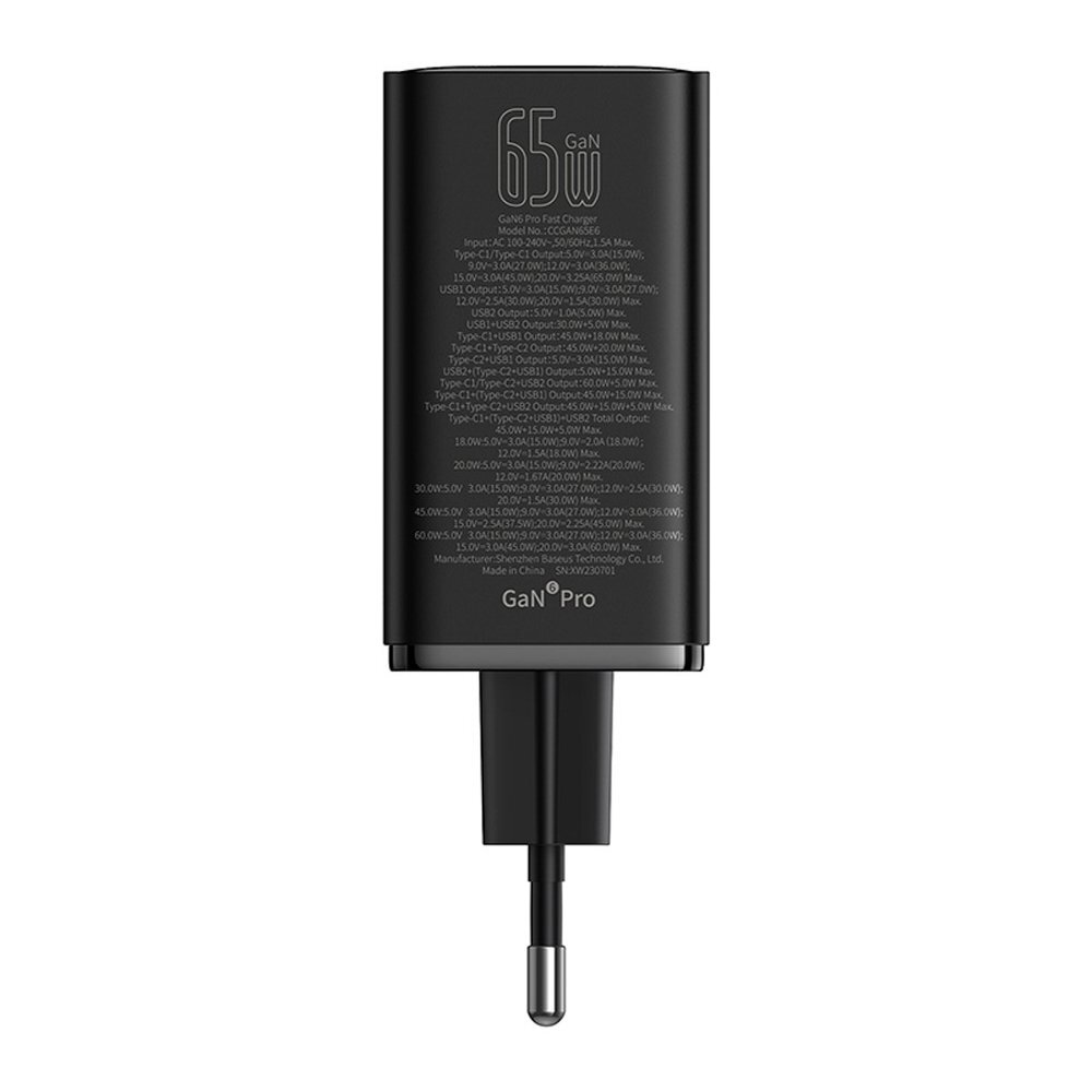 Sieninis įkroviklis Baseus GaN6 Pro 65 W 2 × USB-C + 2 × USB-A su juodu USB-C 100 W 1 m kabeliu – juodas 2