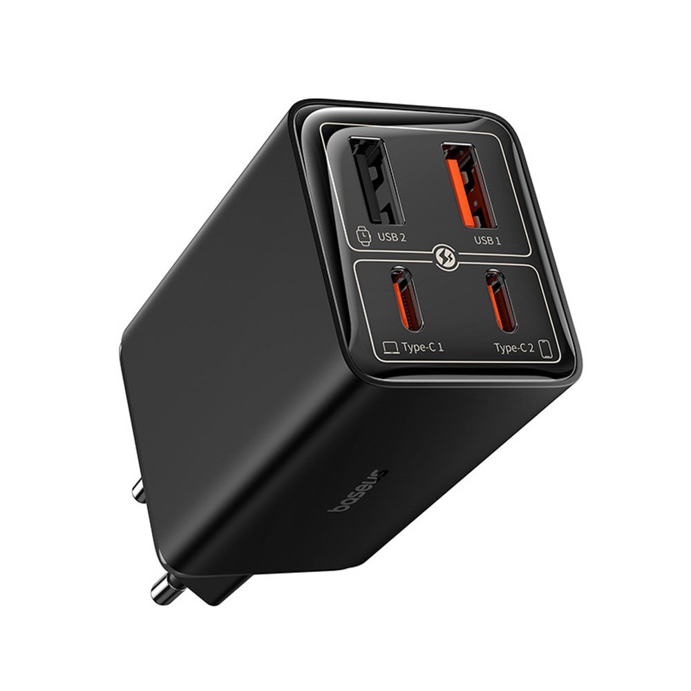 Sieninis įkroviklis Baseus GaN6 Pro 65 W 2 × USB-C + 2 × USB-A su juodu USB-C 100 W 1 m kabeliu – juodas