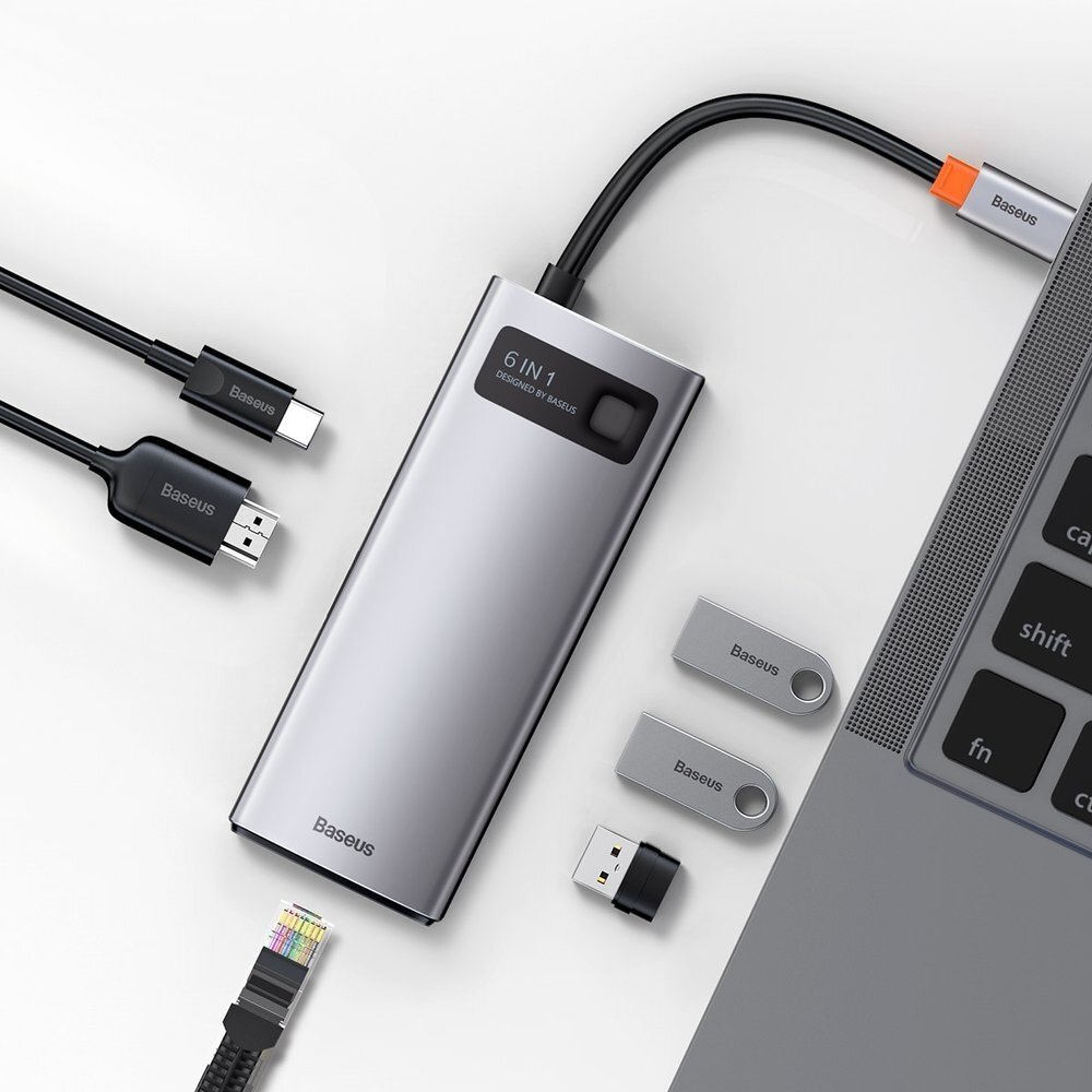 Baseus Metal Gleam 6in1 Multifunkcinis Šakotuvas HUB USB Type C - USB Type C 100 W / HDMI 4K 30 Hz / 3x USB 3.2 Gen 1 / RJ45 1 Gbps (CAHUB-CW0G) UGLX912 9