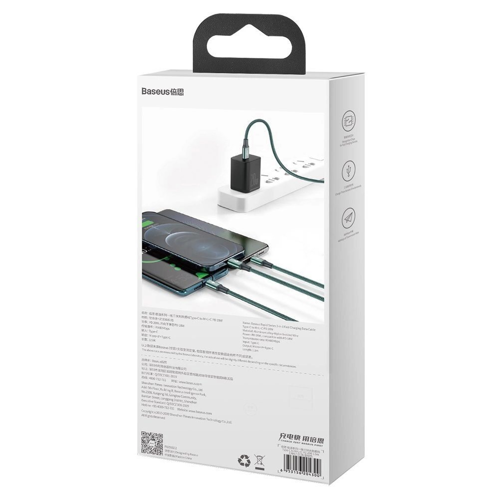 Krovimo kabelis Baseus Rapid Series 3in1 USB-C – USB-C / Lightning / micro USB 20 W PD 1.5 m – žalias 5