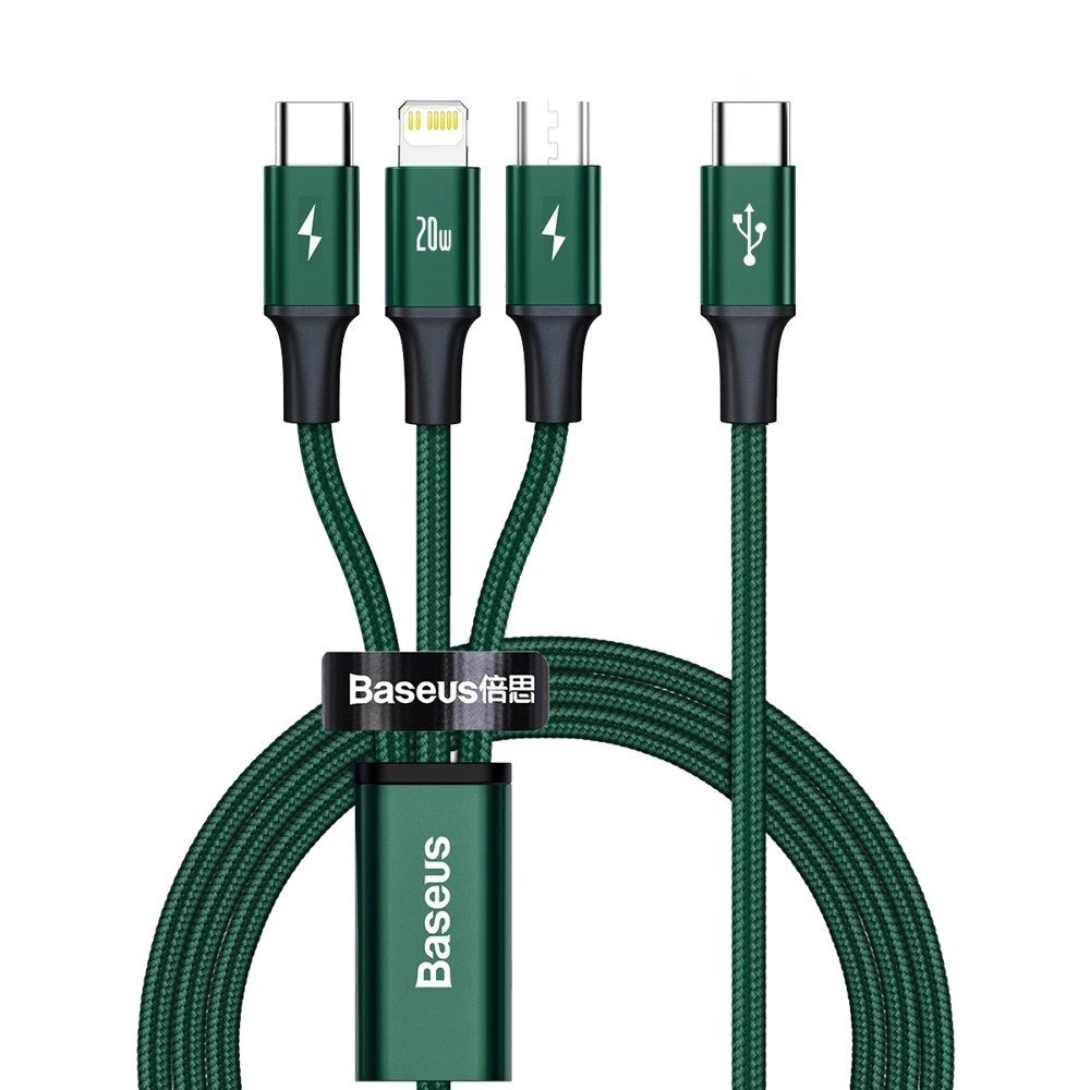 Krovimo kabelis Baseus Rapid Series 3in1 USB-C – USB-C / Lightning / micro USB 20 W PD 1.5 m – žalias Krovimo kabelis Baseus Rapid Series 3in1 USB-C – USB-C / Lightning / micro USB 20 W PD 1.5 m – žalias