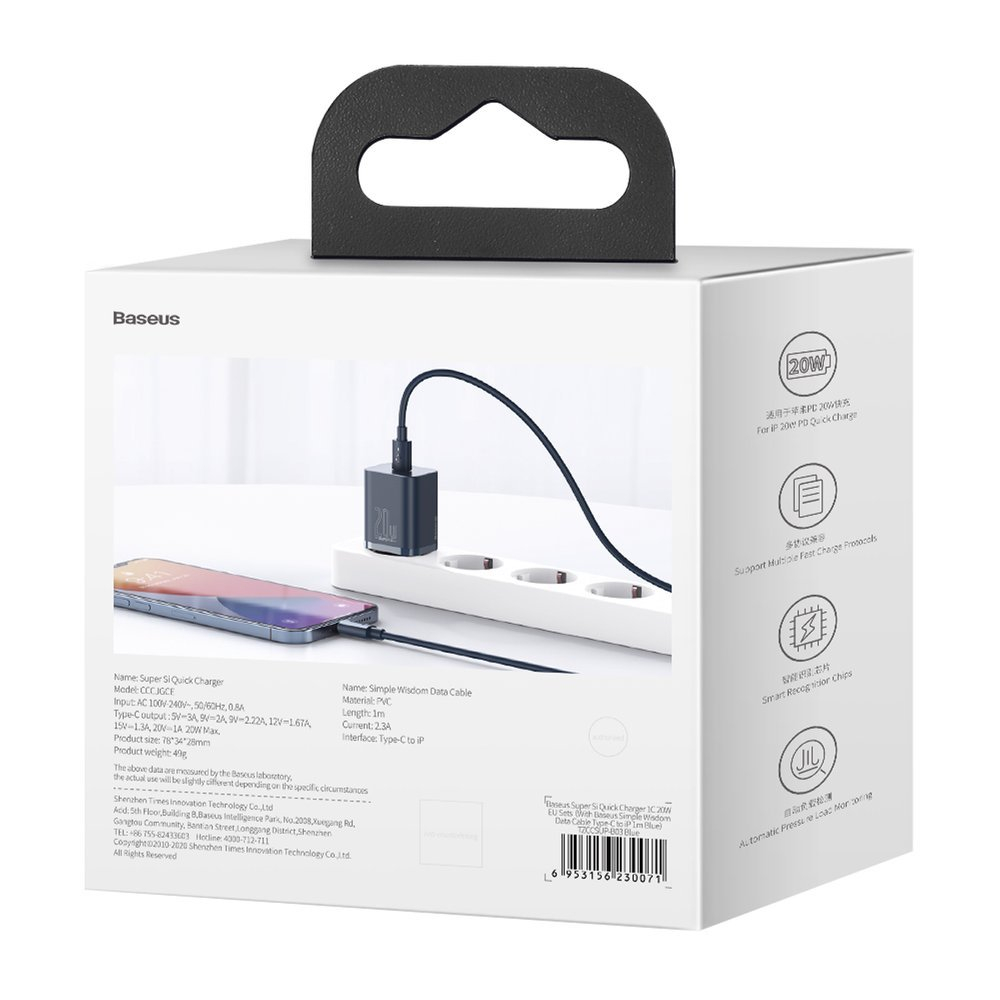 Greitas Buitinis Įkroviklis Baseus Super Si 1C USB Type C 20 W Power Delivery + USB Type C - Lightning Kabelis 1m Mėlynas (TZCCSUP-B03) 5 Greitas Buitinis Įkroviklis Baseus Super Si 1C USB Type C 20 W Power Delivery + USB Type C - Lightning Kabelis 1m Mėlynas (TZCCSUP-B03) 5