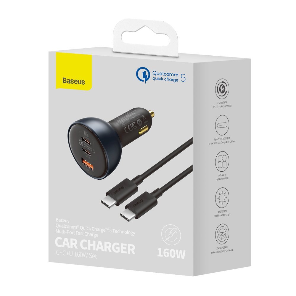 Automobilinis įkroviklis Baseus TZCCZM-0G USB-A / USB-C 160 W PPS / QC 5 / PD – pilkas 4 Automobilinis įkroviklis Baseus TZCCZM-0G USB-A / USB-C 160 W PPS / QC 5 / PD – pilkas 4