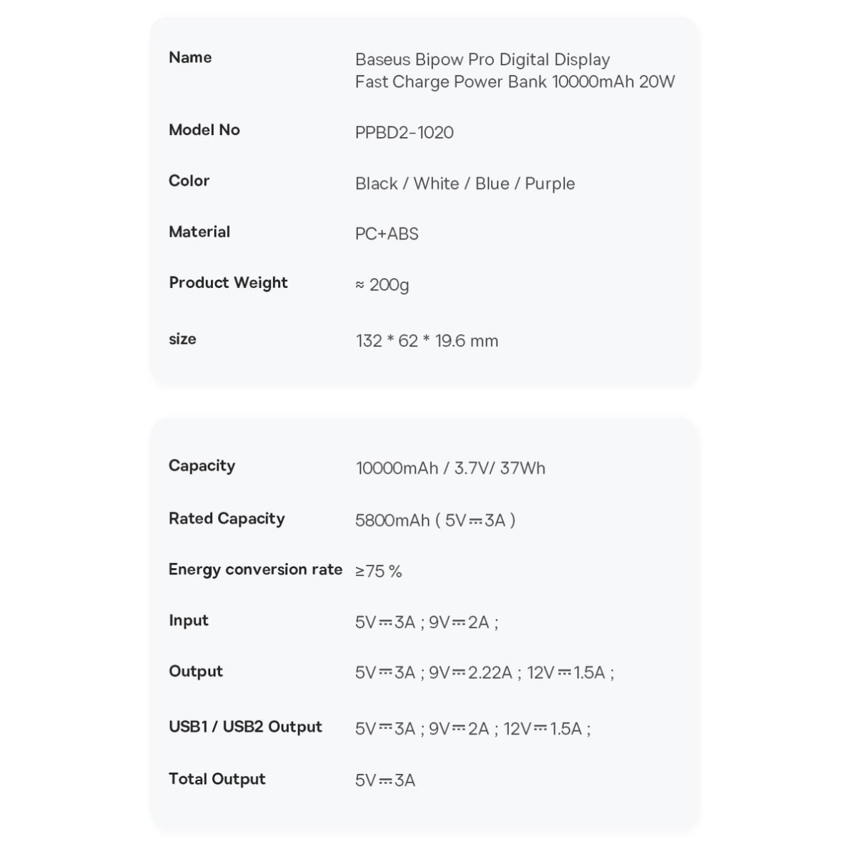 Išorinė Baterija Baseus Pro 10000mAh 20W USB Type A - USB Type C 3A 0.3m Violetinė (PPBD040205) 21 Išorinė Baterija Baseus Pro 10000mAh 20W USB Type A - USB Type C 3A 0.3m Violetinė (PPBD040205) 21