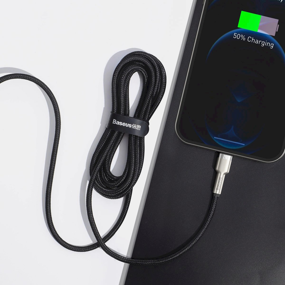 Baseus Cafule Series Metal Data USB-A / Lightning 2.4A Kabelis 1m - Juodas 8 Baseus Cafule Series Metal Data USB-A / Lightning 2.4A Kabelis 1m - Juodas 8