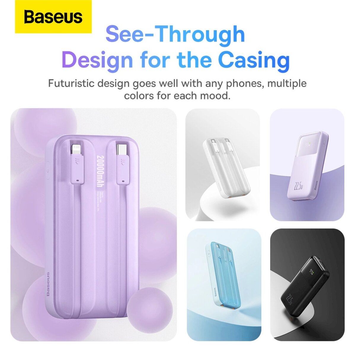 Baseus Comet Series powerbankdisplay 20000mAh 22.5W - violetinis + USB-A / USB-C Kabelis 14