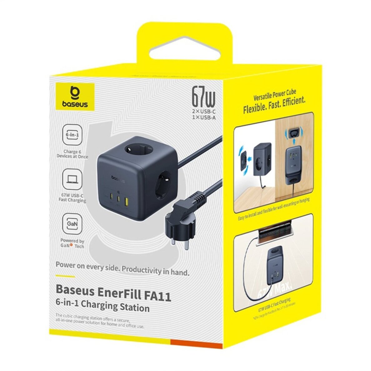 Įkrovimo stotelė Baseus EnerFill FA11 67 W su USB-A + USB-C lizdais ir 3 x EU jungtimis 1.5 m – juoda 7 Įkrovimo stotelė Baseus EnerFill FA11 67 W su USB-A + USB-C lizdais ir 3 x EU jungtimis 1.5 m – juoda 7