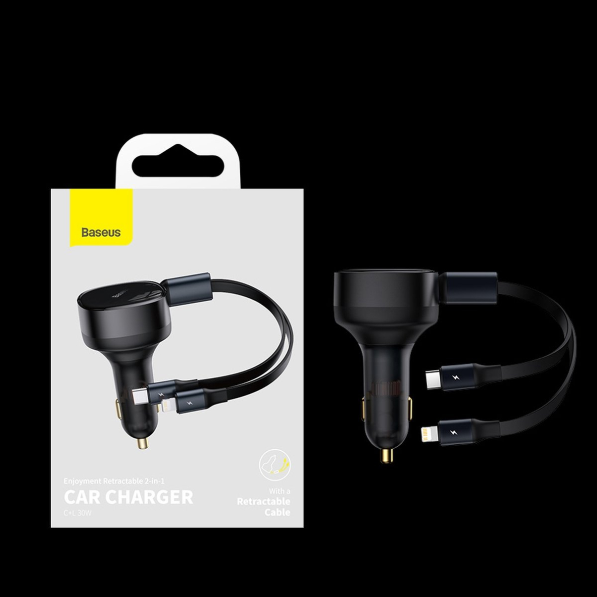 Baseus Enjoyment Retractable 2-in-1 Car Charger C+L 30W Juodas 24 Baseus Enjoyment Retractable 2-in-1 Car Charger C+L 30W Juodas 24