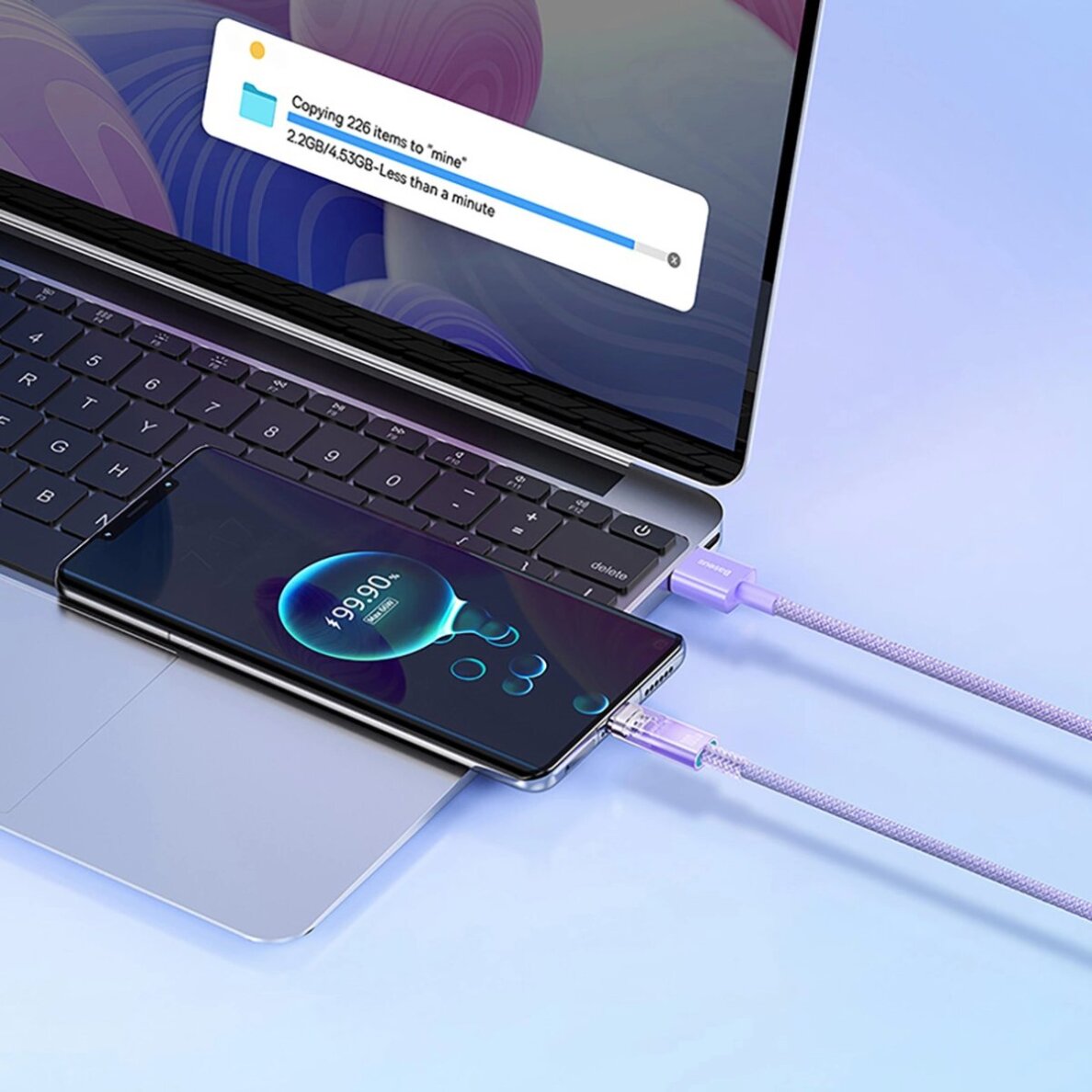 Krovimo kabelis Baseus Explorer 100 W USB-A – USB-C su temperatūros jutikliu 1 m – violetinis 11