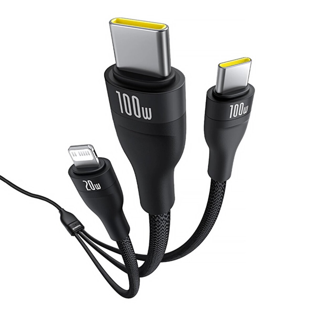 Krovimo kabelis Baseus Flash Series 3 3in1 100 W USB-C – USB-C + USB-C + Lightning 1.5 m + 3 × 0.25 m – juodas 4