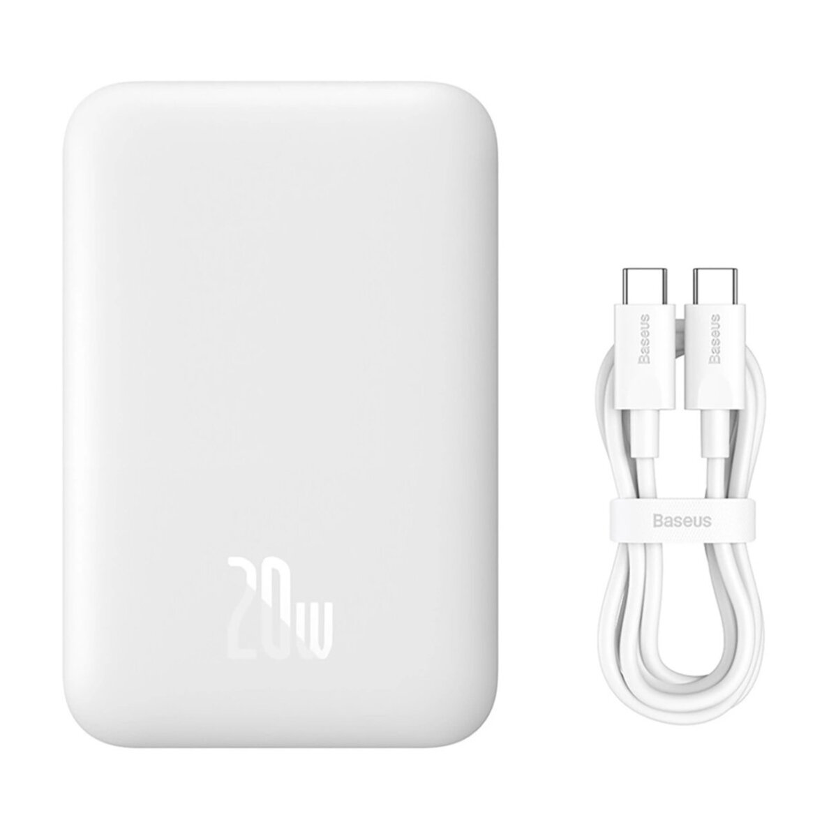 Išorinė baterija Baseus Magnetic Mini Air PPCXM06A 6000 mAh 20 W su Simple Series USB-C kabeliu – balta Išorinė baterija Baseus Magnetic Mini Air PPCXM06A 6000 mAh 20 W su Simple Series USB-C kabeliu – balta