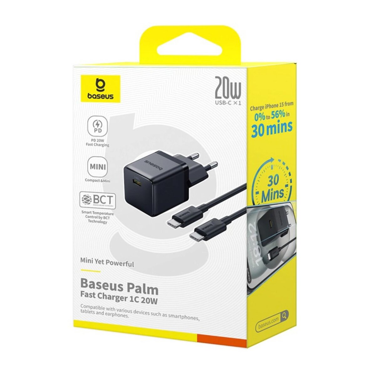 Sieninis įkroviklis Baseus Palm 1C 20 W su Baseus Mini White USB-C 60 W (20 V/3 A) 1 m kabeliu – juodas 6