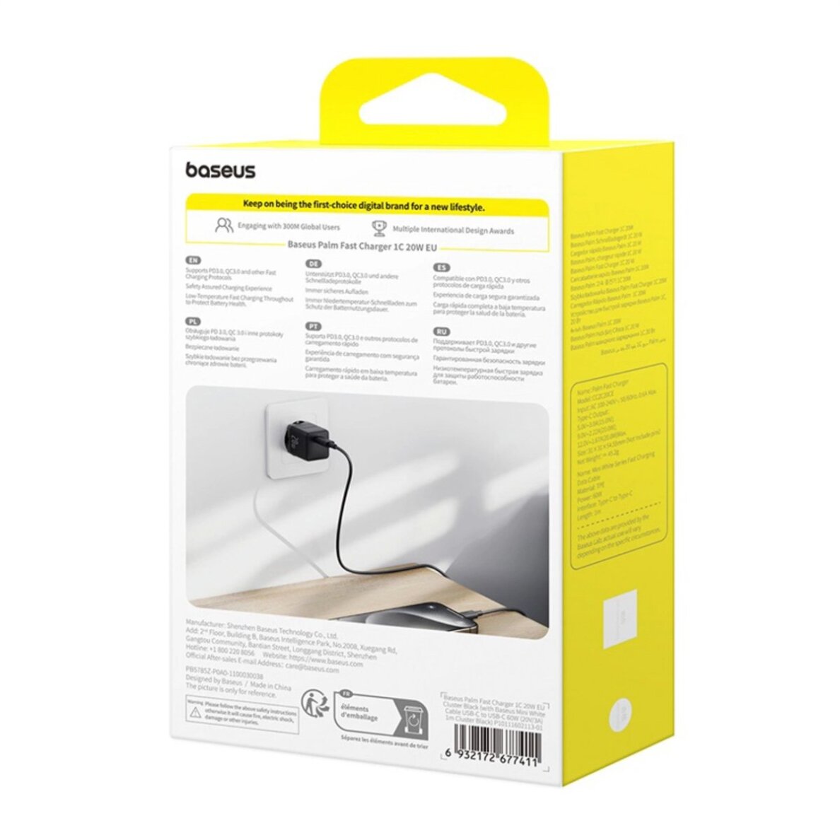 Sieninis įkroviklis Baseus Palm 1C 20 W su Baseus Mini White USB-C 60 W (20 V/3 A) 1 m kabeliu – juodas 7 Sieninis įkroviklis Baseus Palm 1C 20 W su Baseus Mini White USB-C 60 W (20 V/3 A) 1 m kabeliu – juodas 7