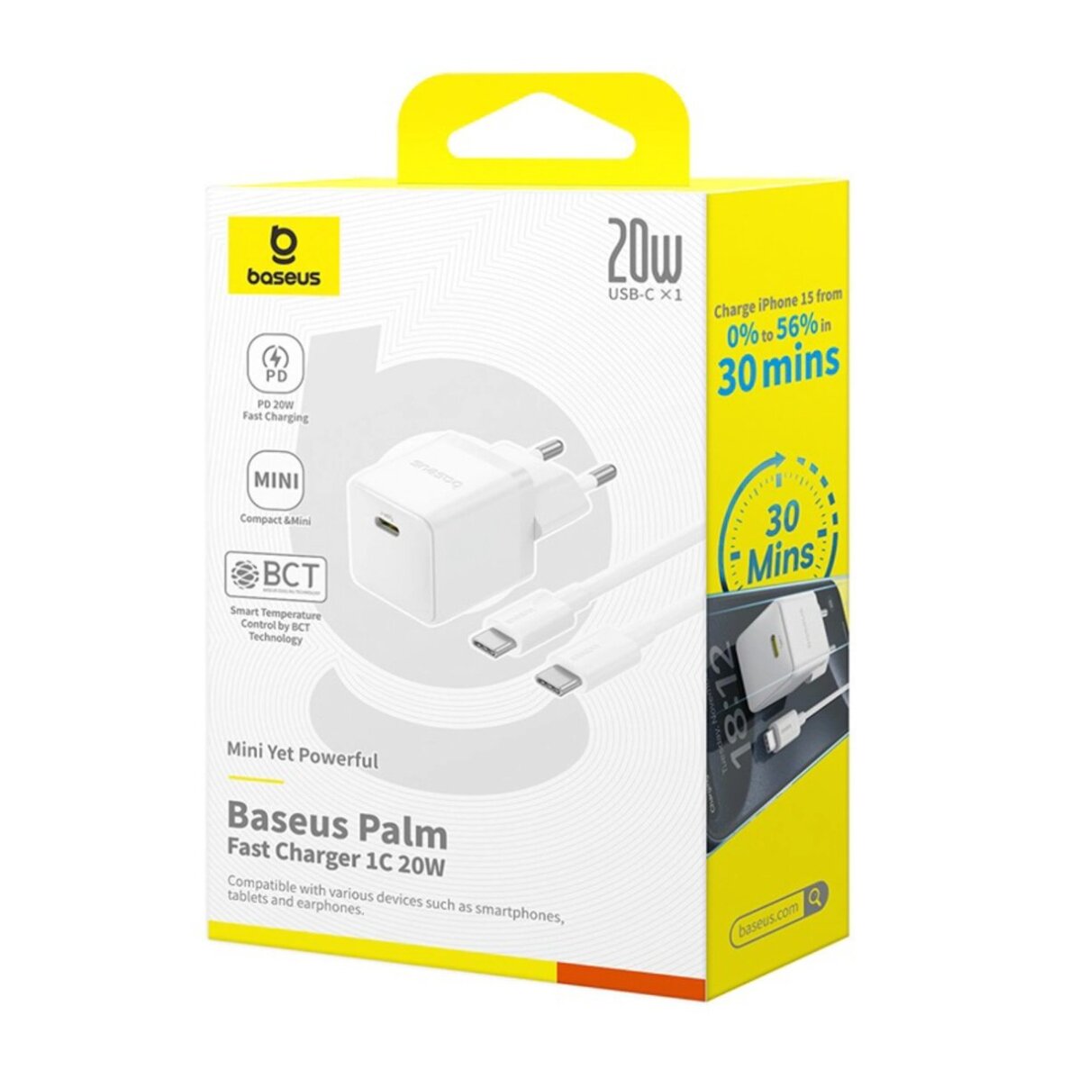 Sieninis įkroviklis Baseus Palm 1C 20 W su Baseus Mini White USB-C 60 W (20 V/3 A) 1 m kabeliu – baltas 8 Sieninis įkroviklis Baseus Palm 1C 20 W su Baseus Mini White USB-C 60 W (20 V/3 A) 1 m kabeliu – baltas 8