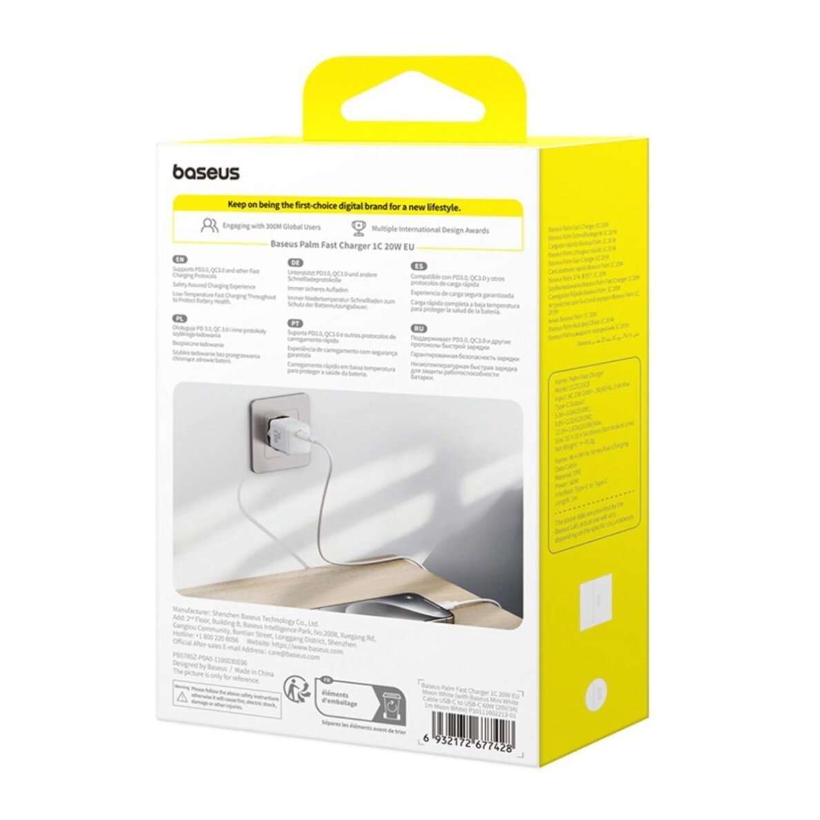 Sieninis įkroviklis Baseus Palm 1C 20 W su Baseus Mini White USB-C 60 W (20 V/3 A) 1 m kabeliu – baltas 9