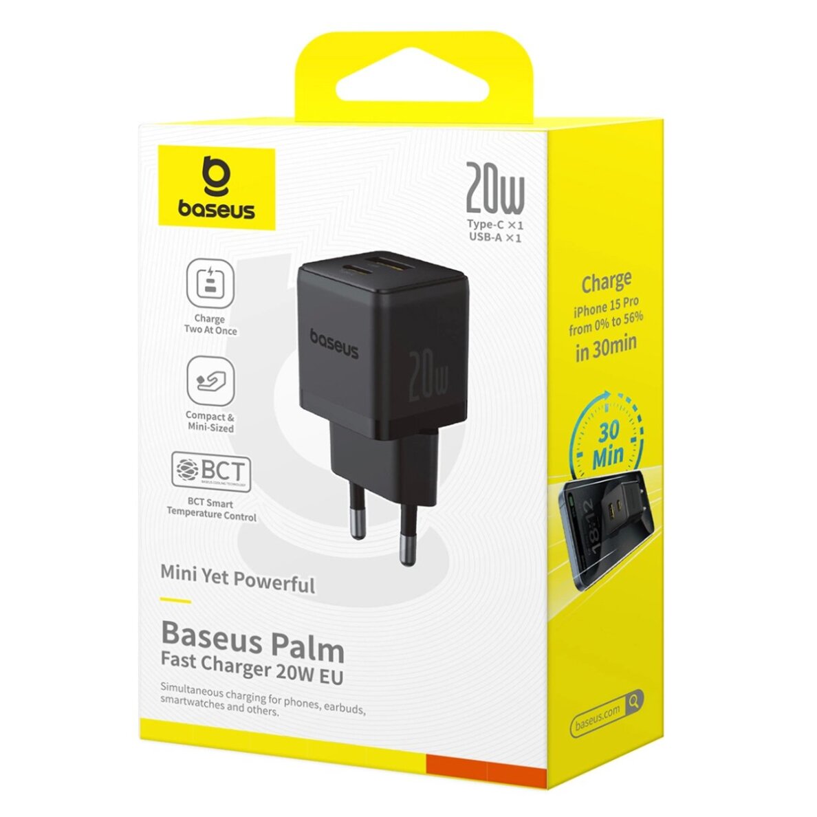 Sieninis įkroviklis Baseus Palm 20 W USB-C / USB-A – juodas 6