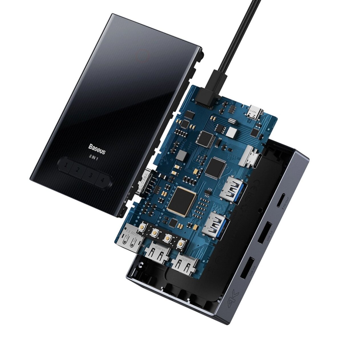 USB-C hubas Baseus PioneerJoy 8-in-1 HDMI 4K@60Hz + HDMI 4K@30Hz + DisplayPort 8K@30Hz + VGA + 2 × USB-A 3.0 + 2 × USB-C – pilkas 4