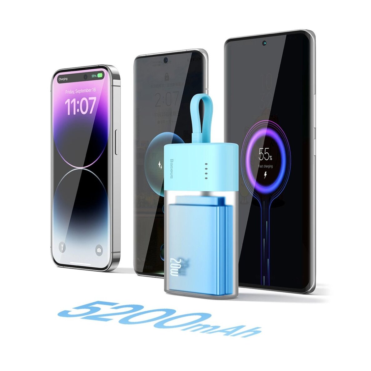 Išorinė baterija Baseus Popsicle 5200 mAh 20 W su integruotu Lightning kabeliu (+ baltas Baseus Simple USB-C – USB-C 60 W 20 V/3 A 30 cm kabelis) – mėlyna / oranžinė 9