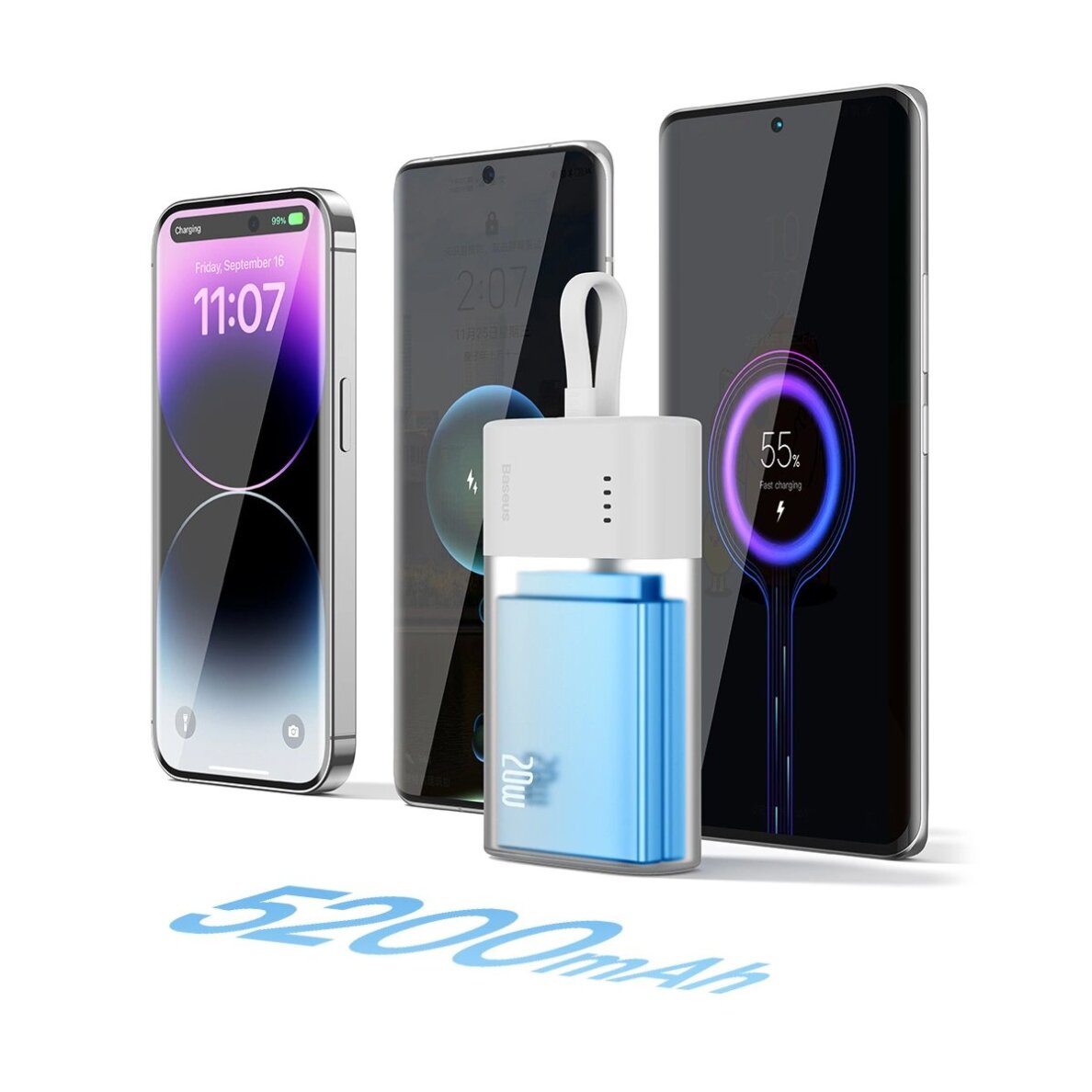 Išorinė baterija Baseus Popsicle 5200 mAh 20 W su integruotu Lightning kabeliu (+ baltas Baseus Simple USB-C – USB-C 60 W 20 V/3 A 30 cm kabelis) – balta / žalia 9